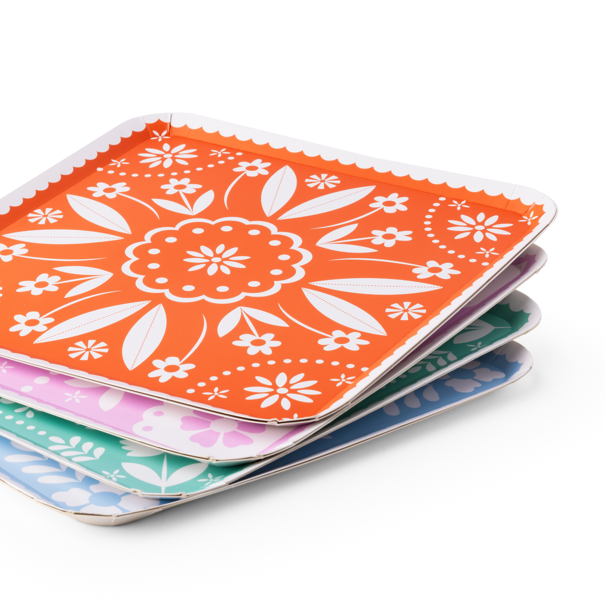 stack of bright fiesta large plates showing colorful layered designs