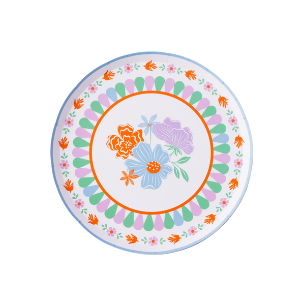 bright fiesta small dessert plate with colorful floral design in orange purple mint and blue
