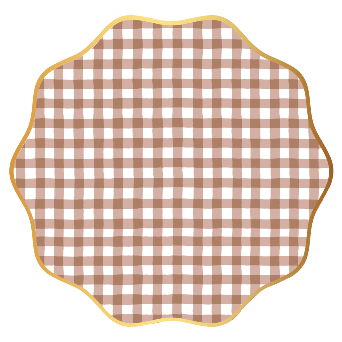 Brown gingham paper dinner plate in a mocha and white check with a gold-trimmed wavy scalloped edge, overhead view on white background.