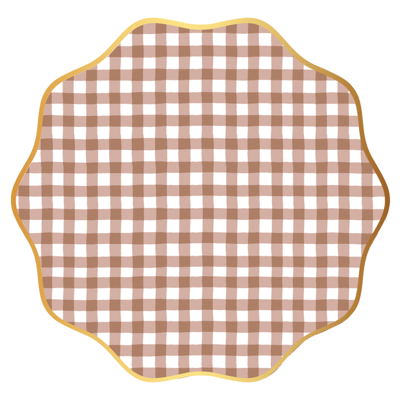 Brown gingham paper dinner plate in a mocha and white check with a gold-trimmed wavy scalloped edge, overhead view on white background.