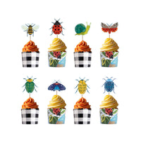 All 8 bug cupcake topper designs shown with the two coordinating baking cups