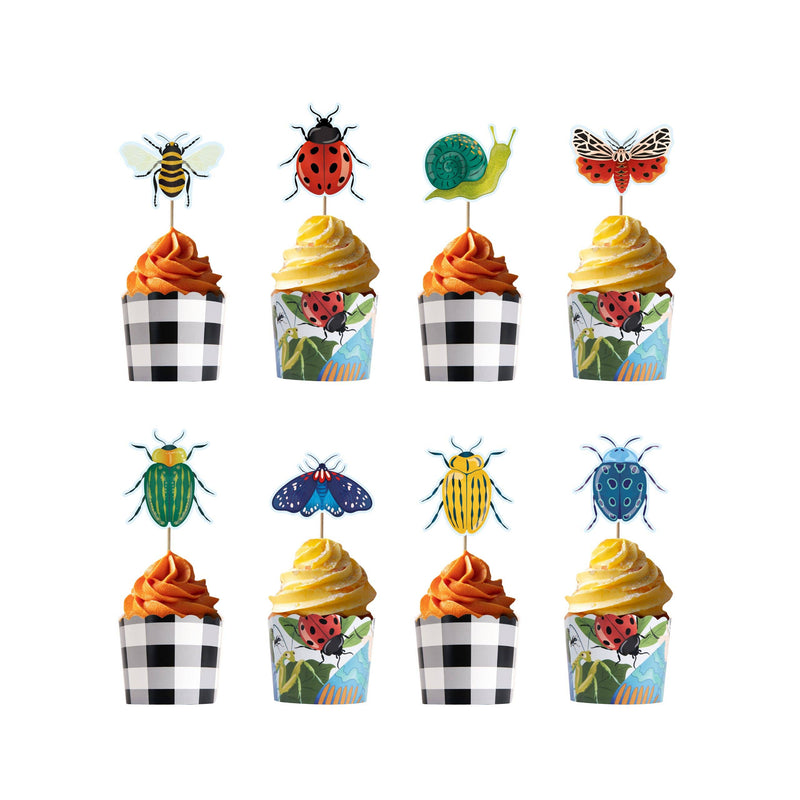 All 8 bug cupcake topper designs shown with the two coordinating baking cups
