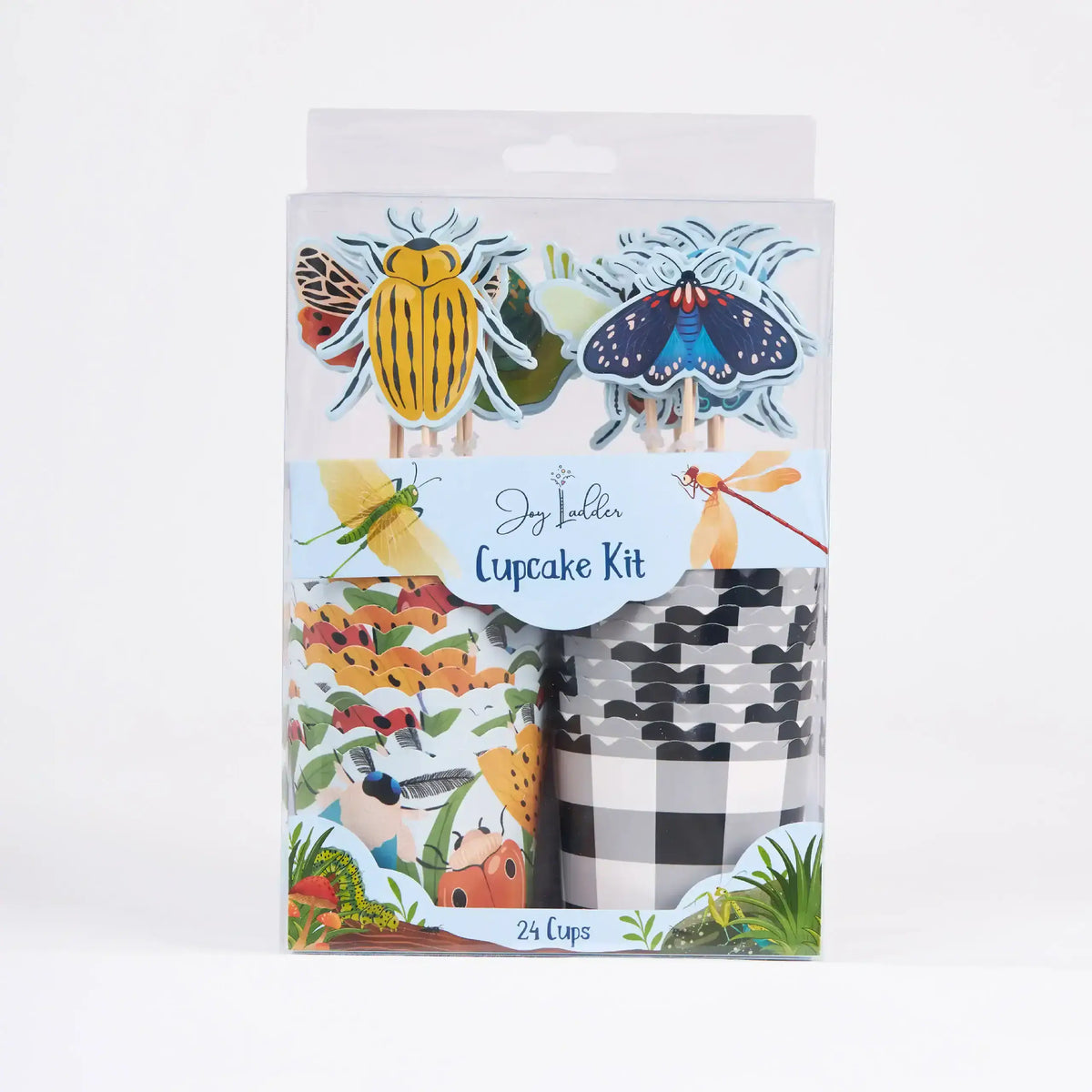 Joy Ladder bug cupcake kit in packaging showing toppers and cups