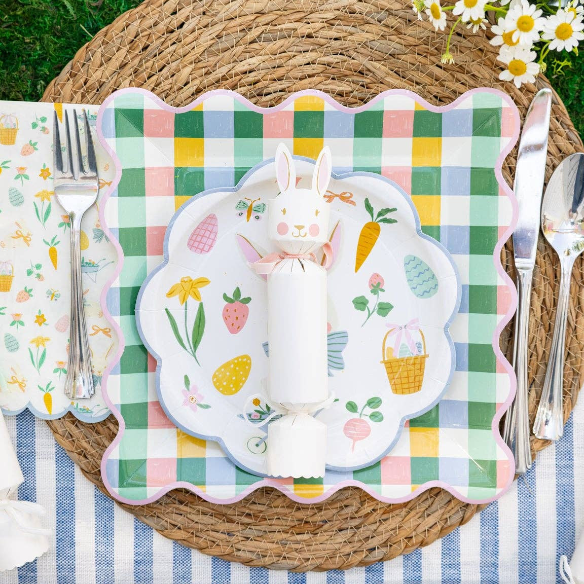 Bunny cracker displayed on Easter place setting with pastel plates and spring décor