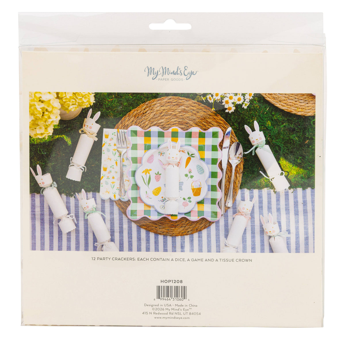 Back of bunny crackers packaging showing Easter table styling and product details