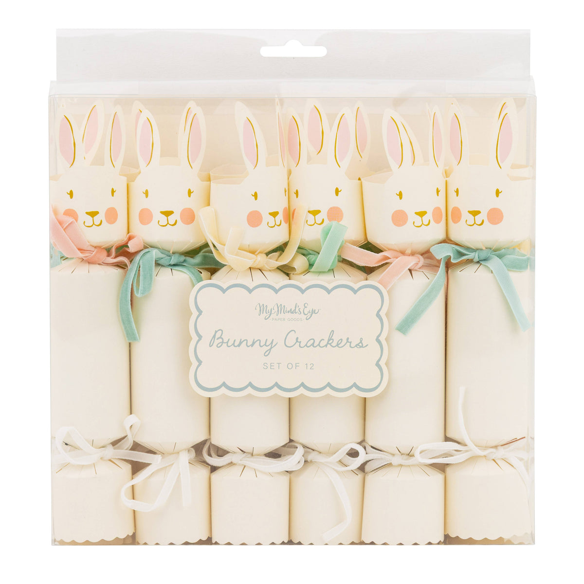 Packaged set of 12 bunny Easter crackers with pastel ribbons