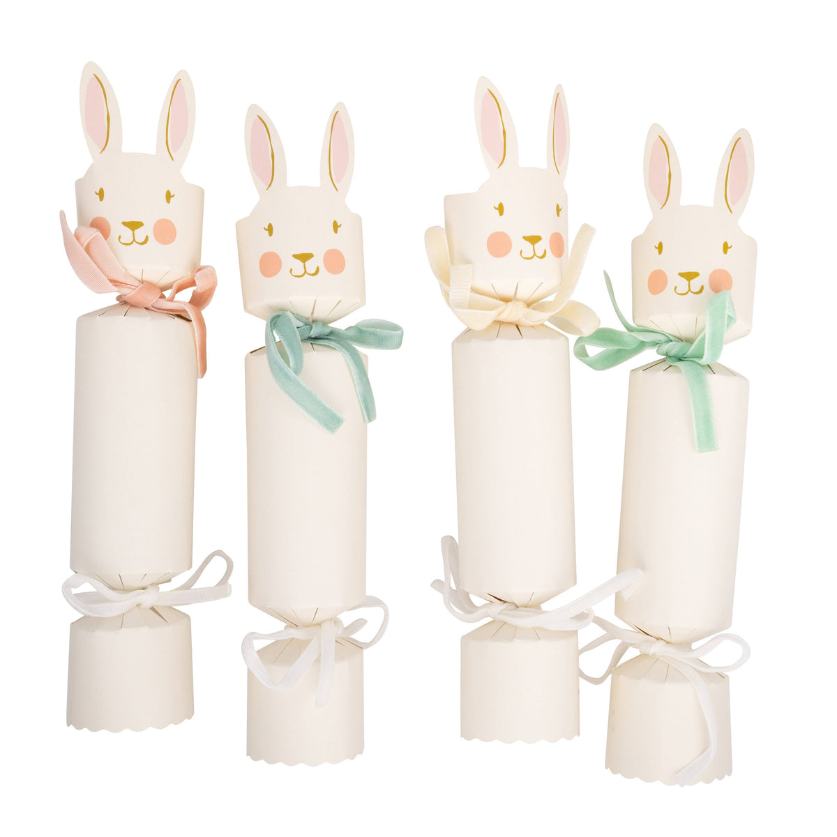 Set of Easter bunny party crackers with pastel ribbon bows on white background