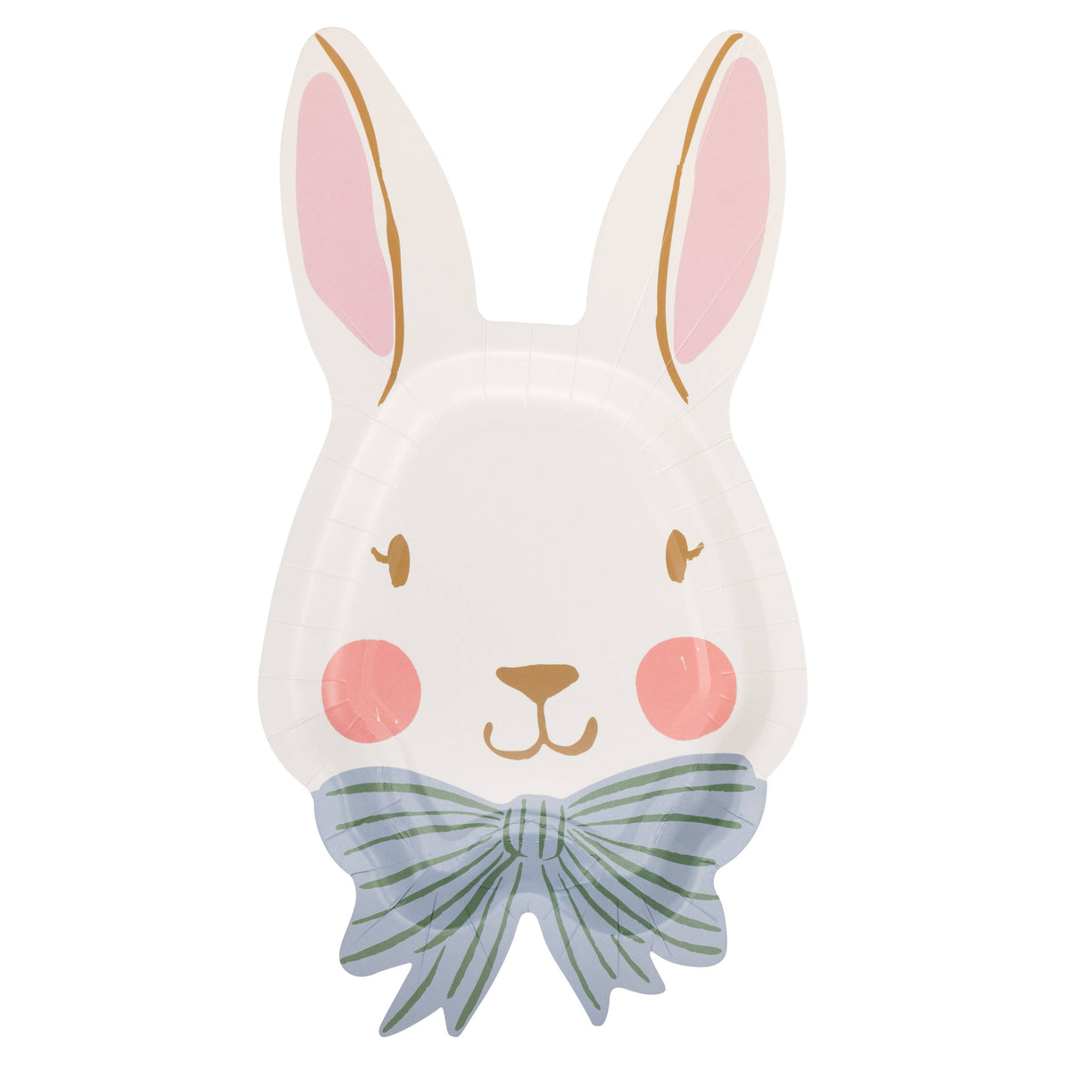 Bunny face shaped paper plate with pink ears and blue bow on white background