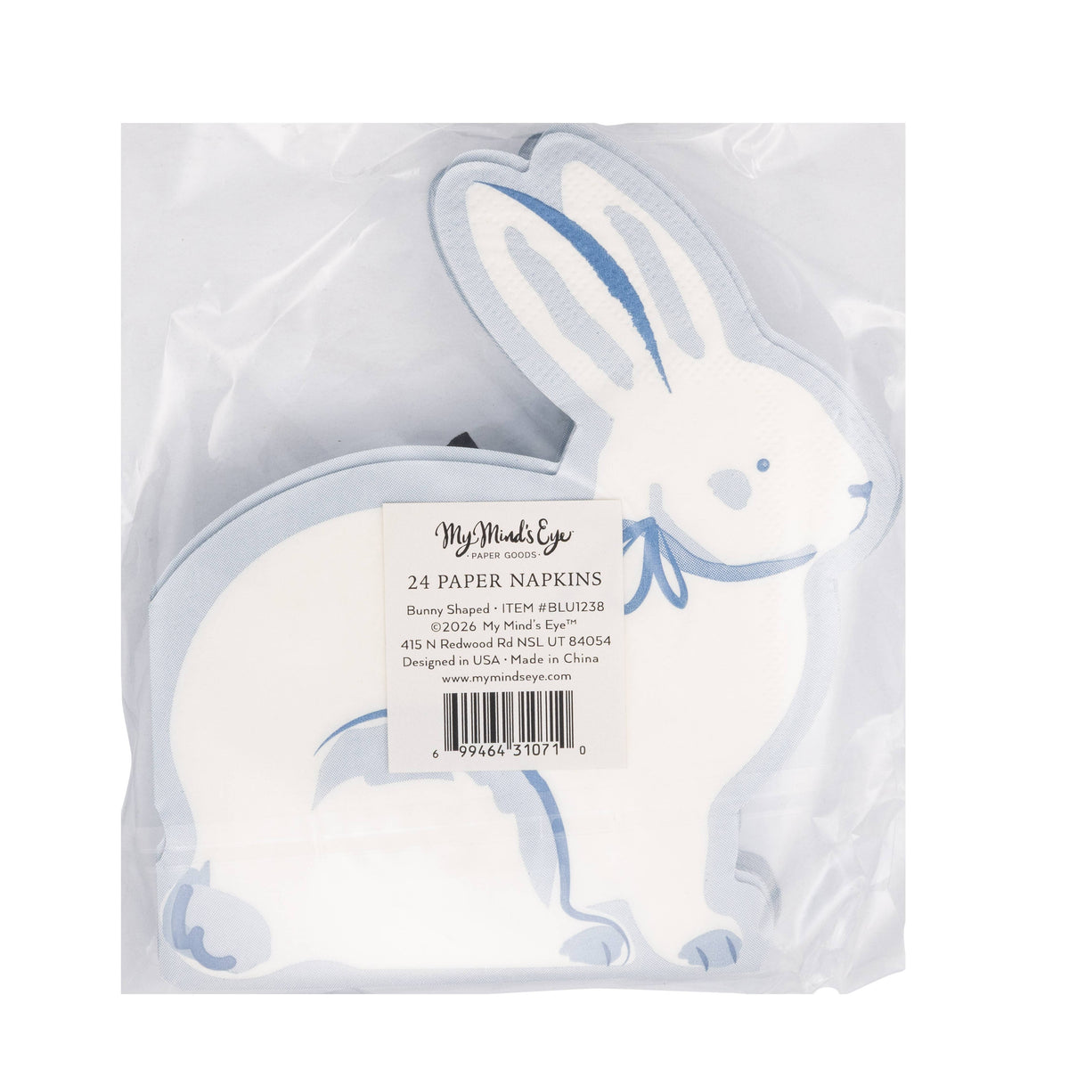 Back of packaged bunny shaped napkins showing product label and quantity