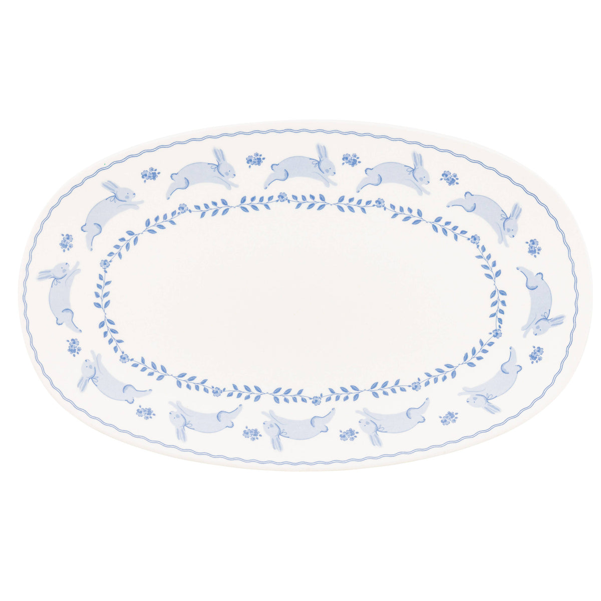 Blue and cream oval bunny bamboo tray with blue border on white background.