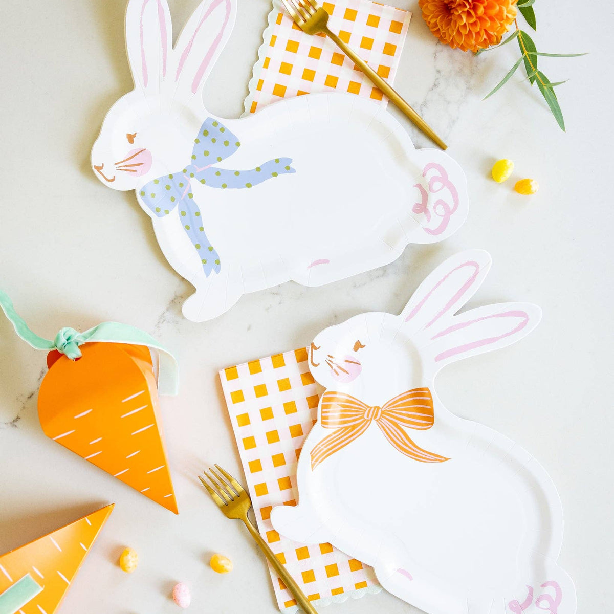 Close-up of bunny plates on Easter table setting