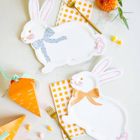 Close-up of bunny plates on Easter table setting