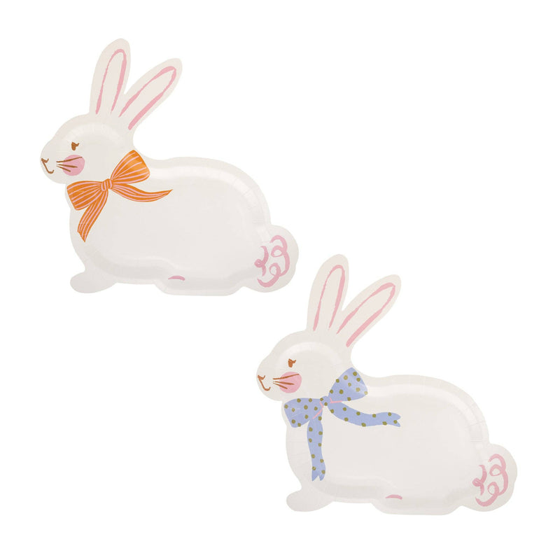 Set of two bunny shaped paper plates with orange and blue bow designs