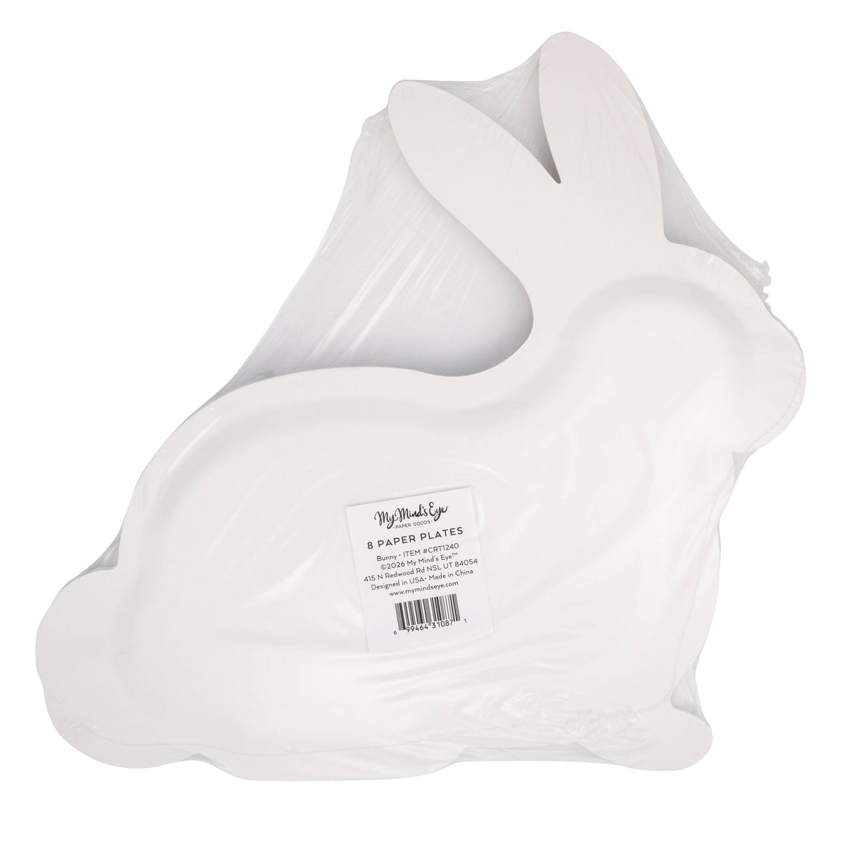 Back view of packaged bunny shaped plates showing product label