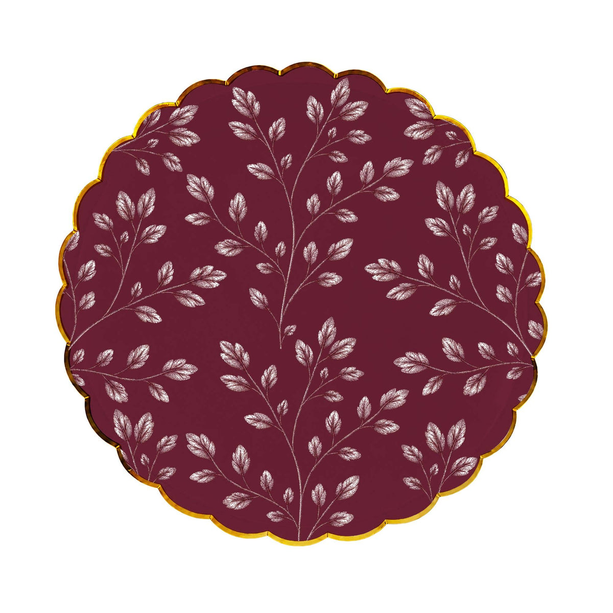 Burgundy dinner plate with an allover etched white leaf print and gold scalloped rim on a white background
