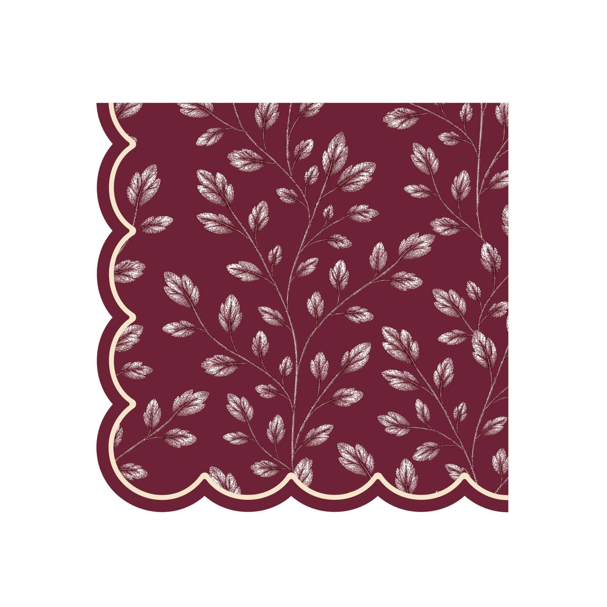Burgundy lunch napkin with an allover etched white leaf print and cream-lined scalloped edge