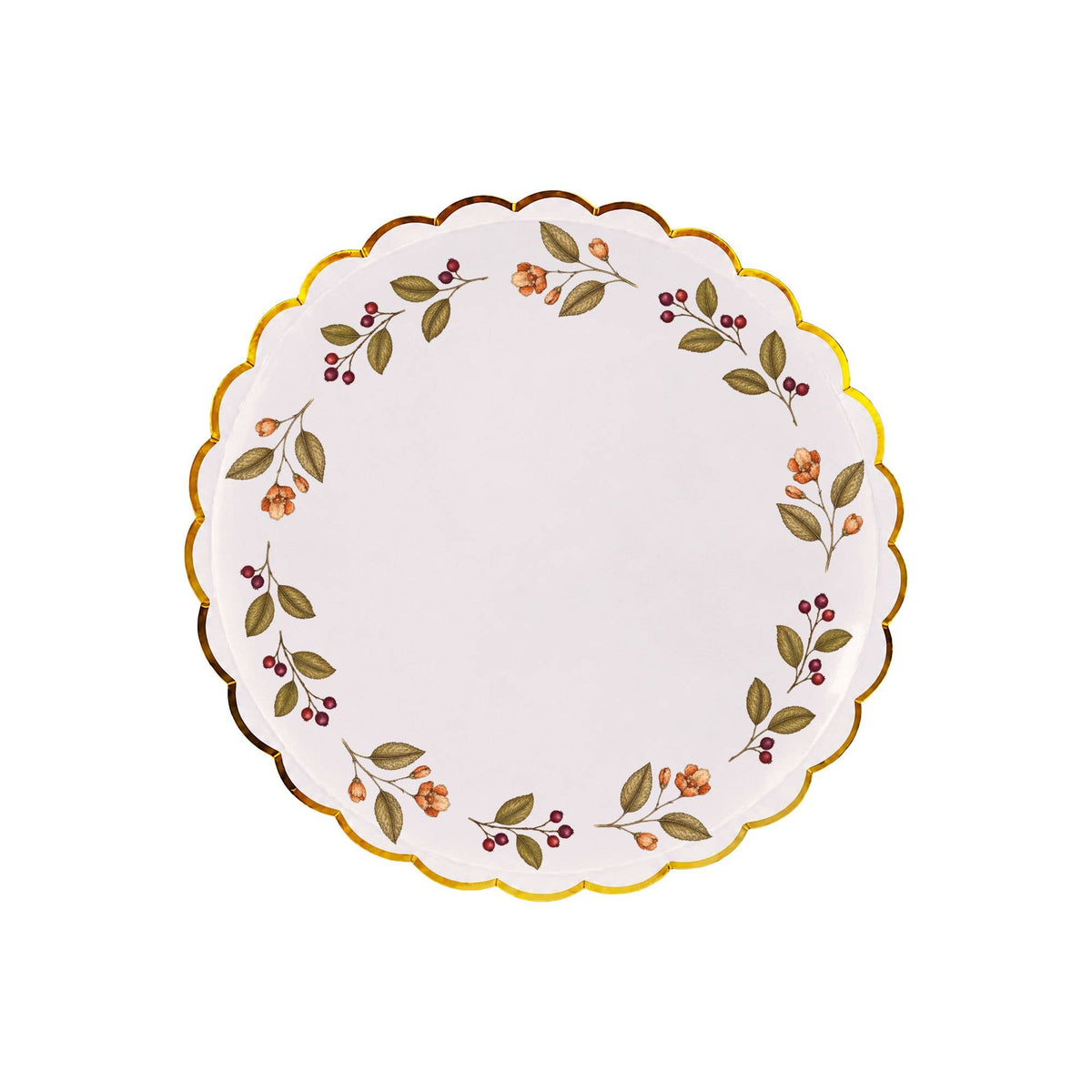 Cream mulberry-wreath dessert plate with a scalloped gold rim, green leaves, burgundy and amber berries, and gold-foil accents.