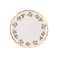 Cream mulberry-wreath dessert plate with a scalloped gold rim, green leaves, burgundy and amber berries, and gold-foil accents.