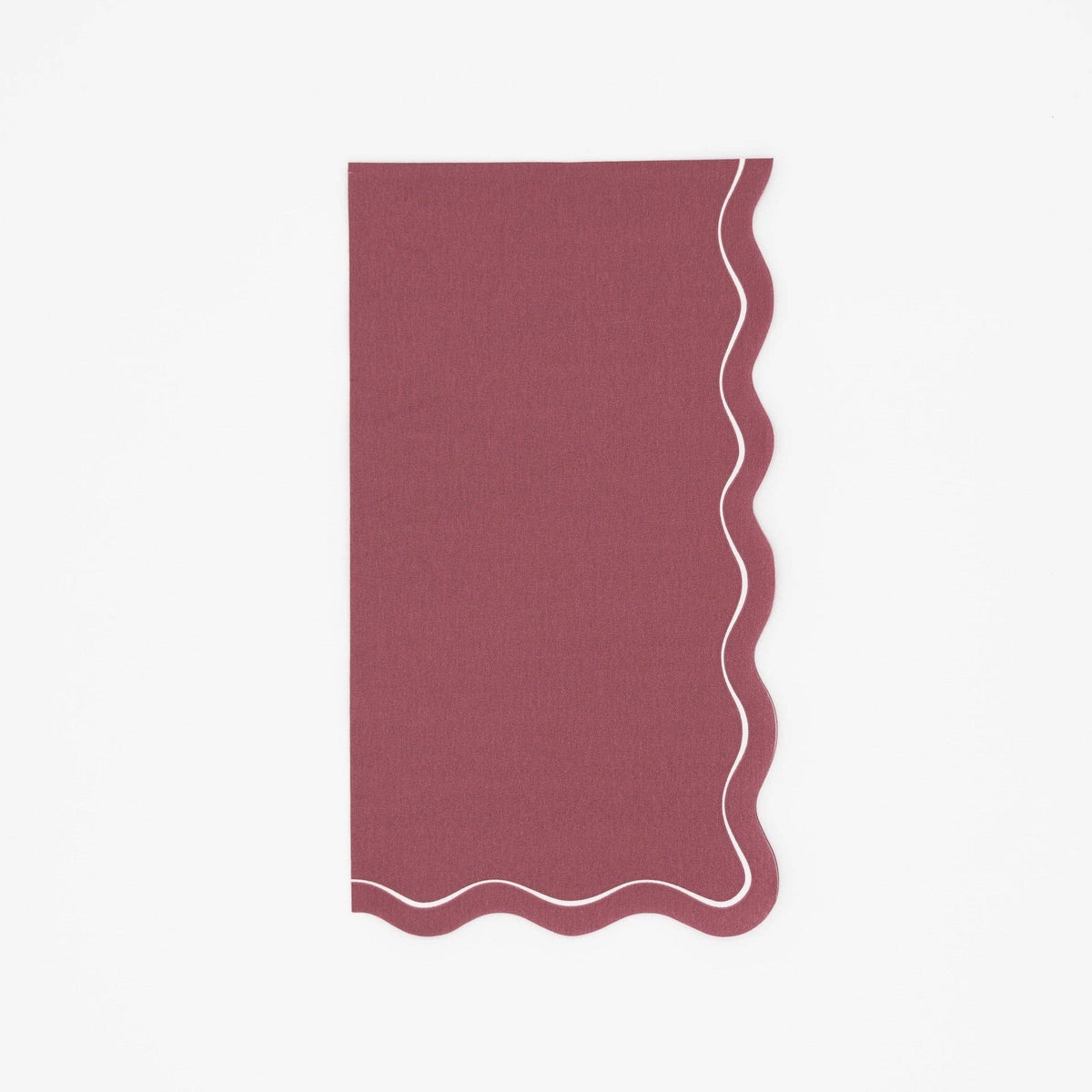 Solid burgundy fall guest towel in deep wine with a wavy scalloped cream-outlined edge, flat view on white background.