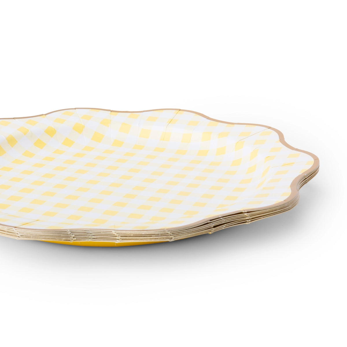 Butter yellow gingham scalloped dinner plate shown at an angle