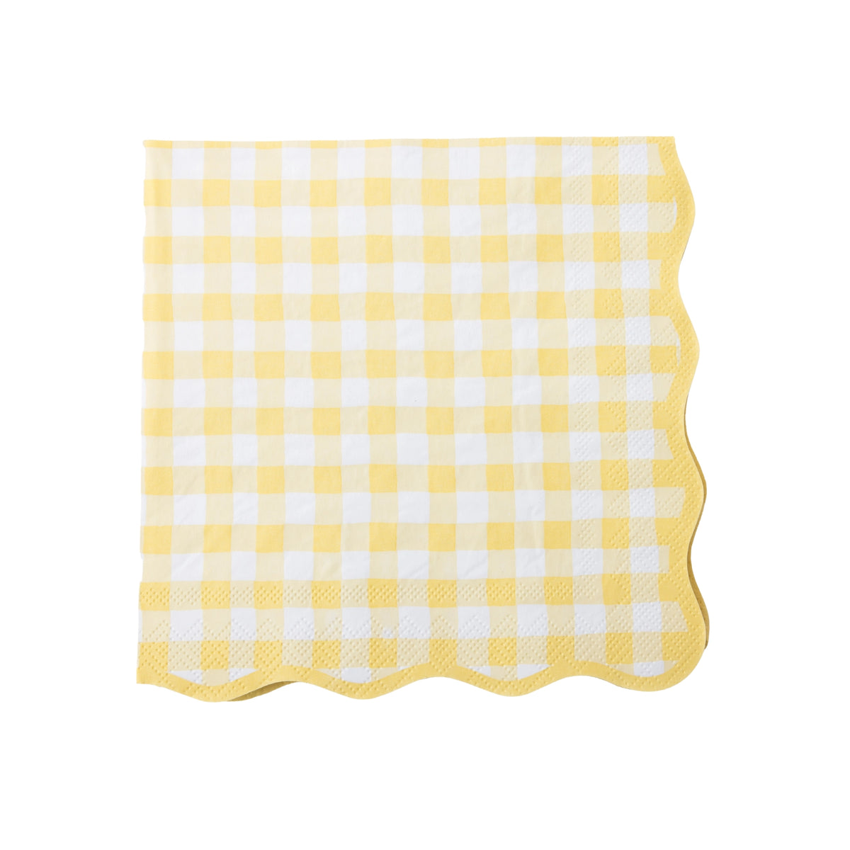 Butter yellow gingham paper dinner napkin with a scalloped edge