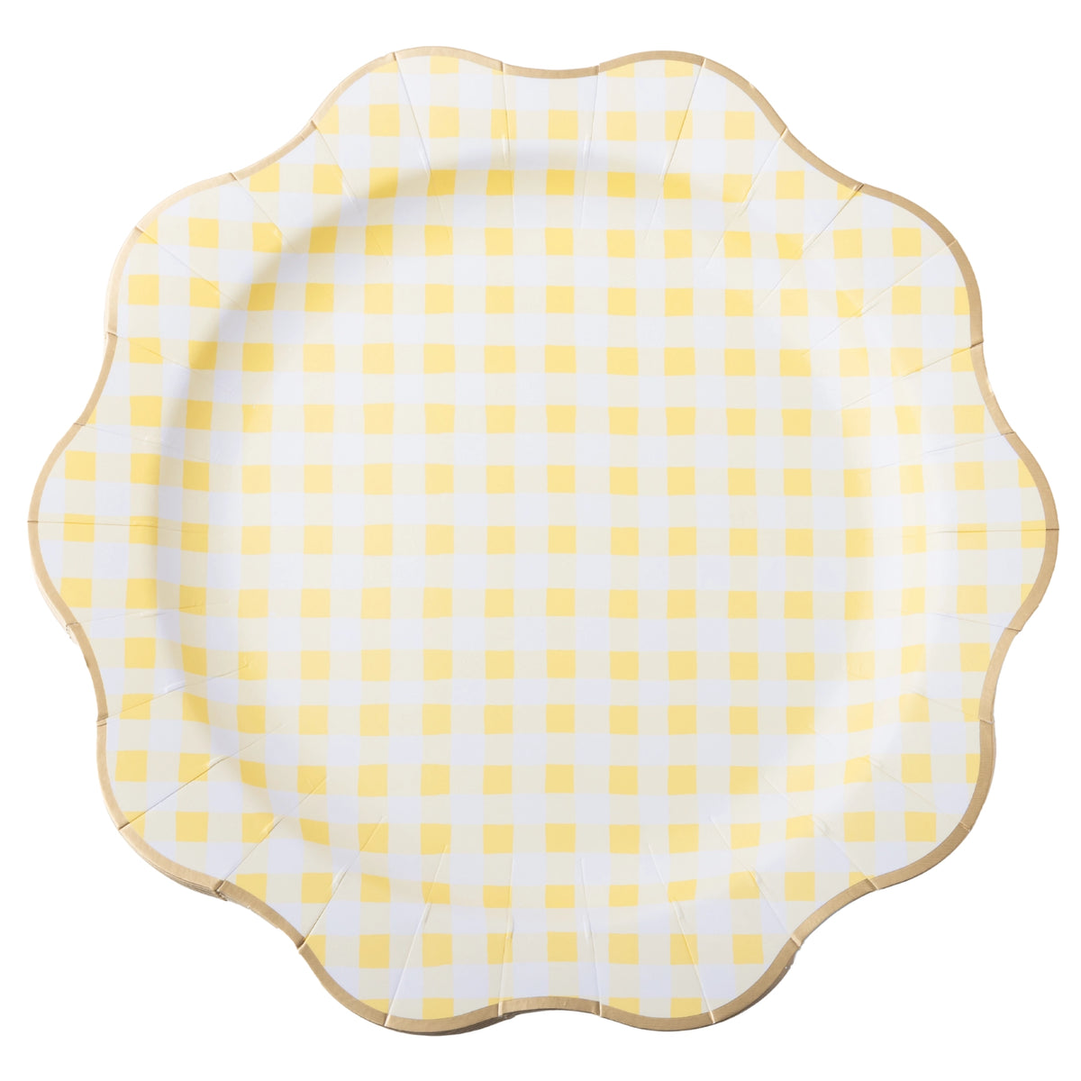 Butter yellow gingham paper dinner plate with a scalloped edge, shown top-down