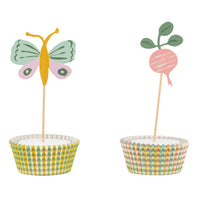 Decorative butterfly and pink radish cupcake picks from the Easter collection, shown in green and yellow gingham paper liners.