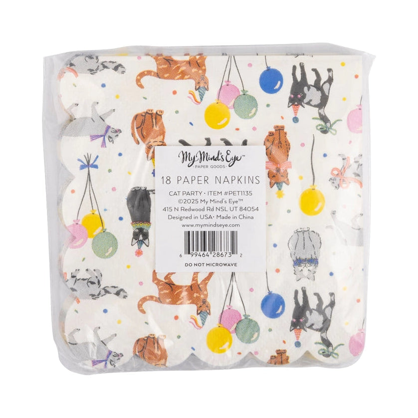 Clear plastic sleeve holding 18 scallop-edged cocktail napkins covered in party-hat cats and balloons; product label “Cat Party” is centered on the front.
