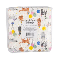 Clear plastic sleeve holding 18 scallop-edged cocktail napkins covered in party-hat cats and balloons; product label “Cat Party” is centered on the front.