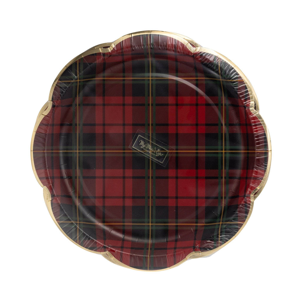 Front view of red plaid scalloped plate with gold foil edge, packaged