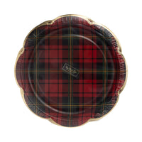 Front view of red plaid scalloped plate with gold foil edge, packaged