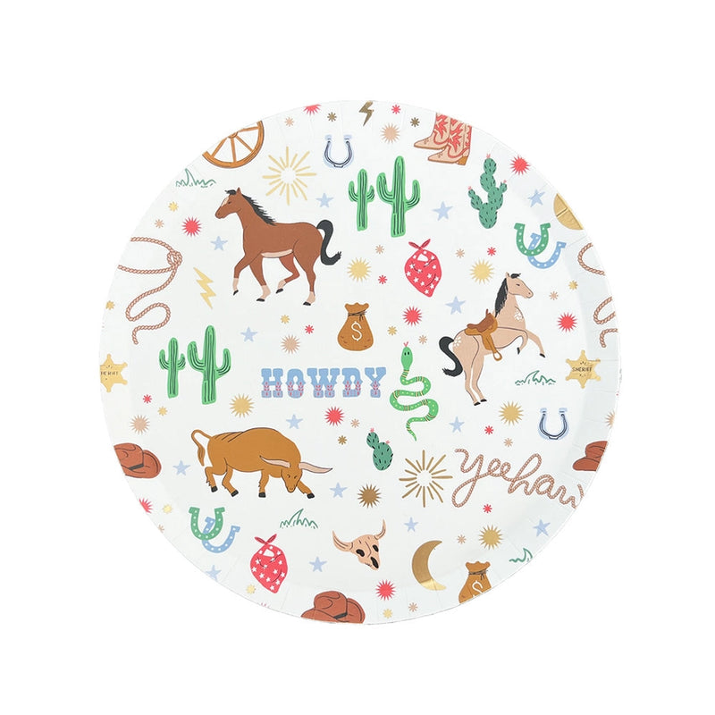 Product isolate: White round paper plate printed edge‑to‑edge with colorful cowboys, cacti, lassos, and the word “Howdy.”