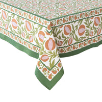Spring floral tablecloth on an Easter tablescape.