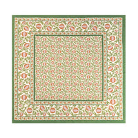 Spring floral tablecloth on an Easter tablescape.