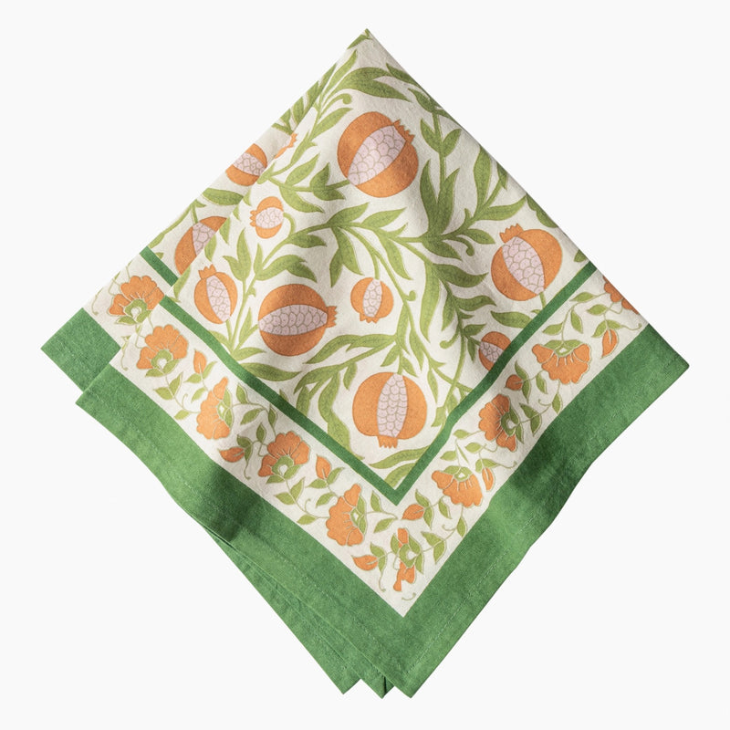 floral cloth napkin in green and orange pomegranate design - perfect for a spring table or an Easter tablescape. These are lovely spring Napkins.