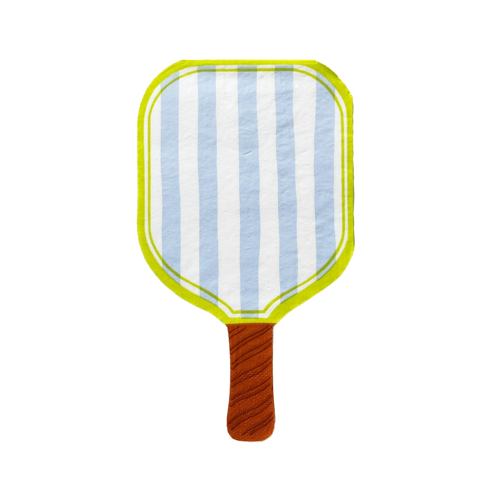 Isolated paddle napkin showing seaside‑blue vertical stripes framed by lime‑green border, woodgrain handle.