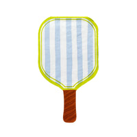 Isolated paddle napkin showing seaside‑blue vertical stripes framed by lime‑green border, woodgrain handle.
