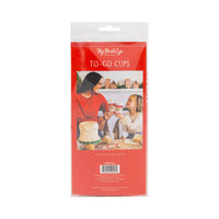 Back view of red packaging of Gingerbread To-Go Cups showing mother and daughter holding the cups