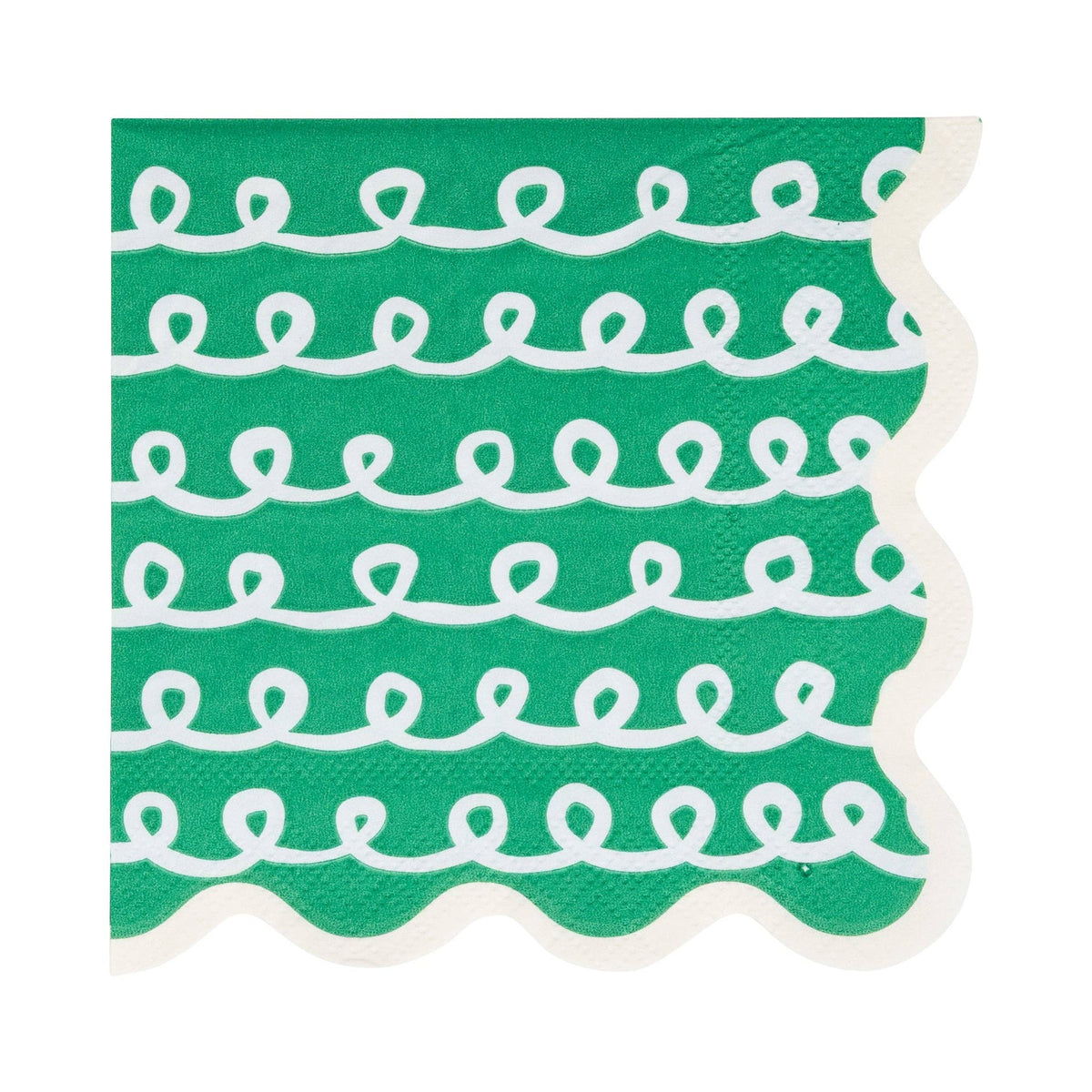 Close-up of green Frosting Cocktail Napkin with white looping frosting pattern and scalloped edge.