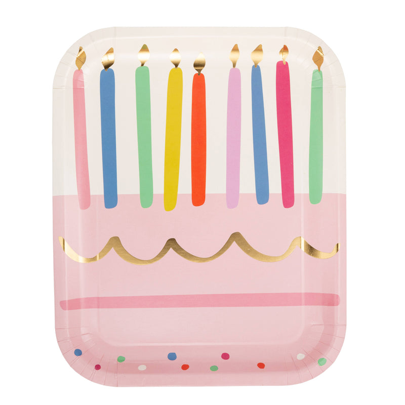 A single paper plate shaped like a pink birthday cake with colorful candles and gold foil accents.