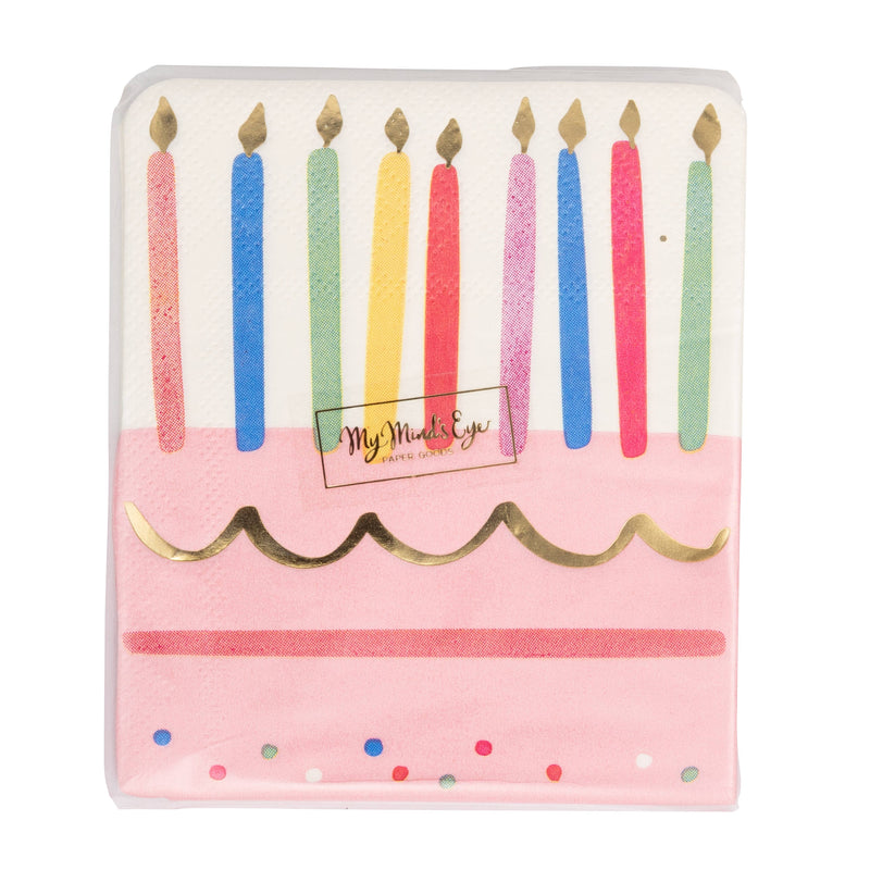 Retail packaging for the 18ct Cake and Candles cocktail napkins set by My Mind's Eye.