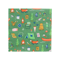 Green Camp Explorer paper napkin printed with tents, canoes, lanterns, and pine trees