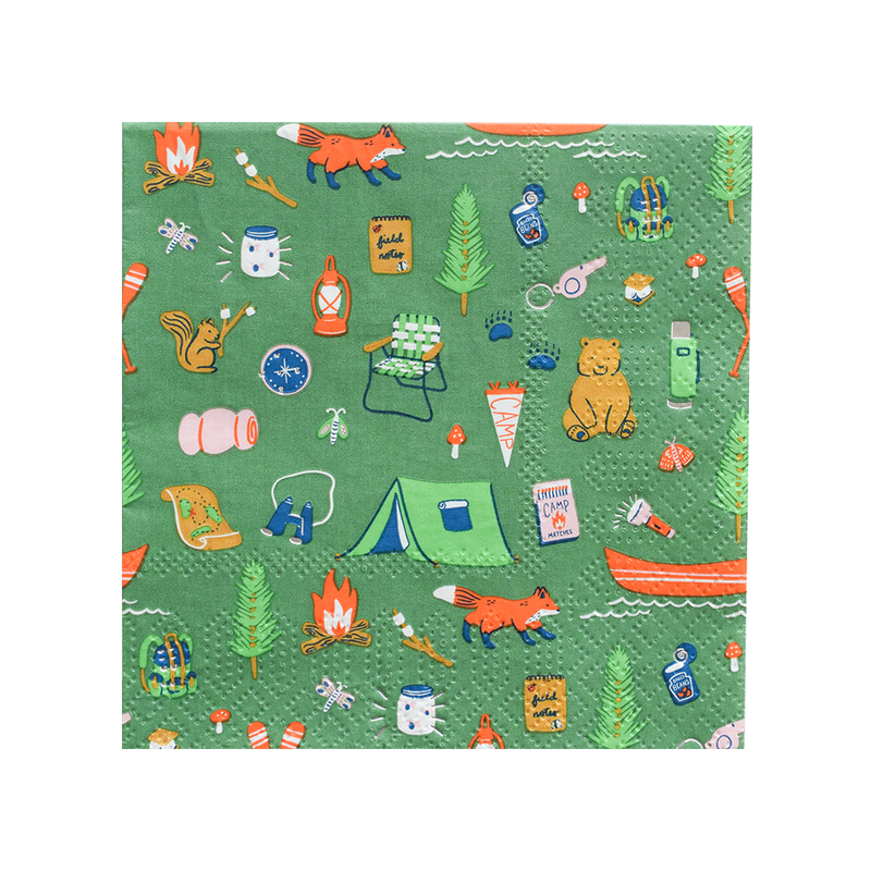 Green Camp Explorer paper napkin printed with tents, canoes, lanterns, and pine trees