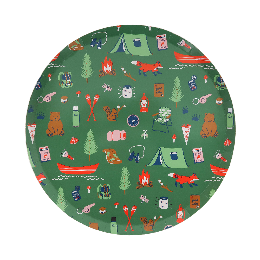 Round green Camp Explorer paper party plate printed with tents, canoes, lanterns, and pine trees