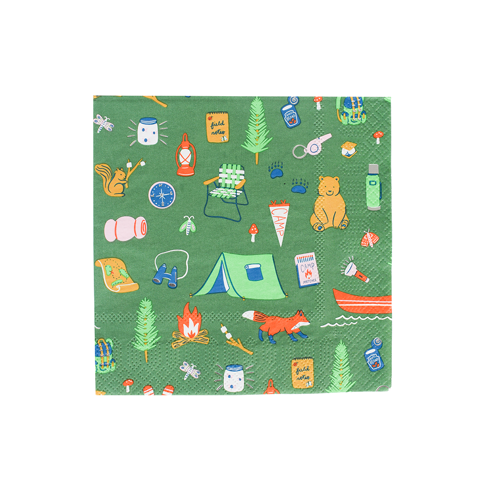 Green Camp Explorer petite paper napkin printed with tents, canoes, lanterns, and pine trees