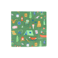 Green Camp Explorer petite paper napkin printed with tents, canoes, lanterns, and pine trees