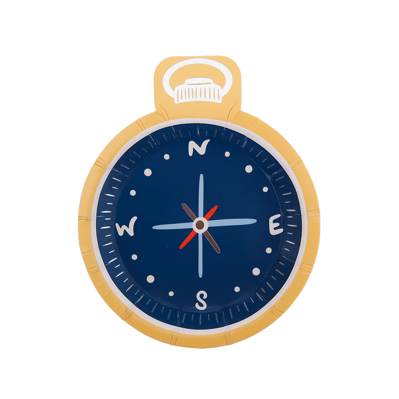 Die-cut Camp Explorer paper plate shaped like a navy and gold compass