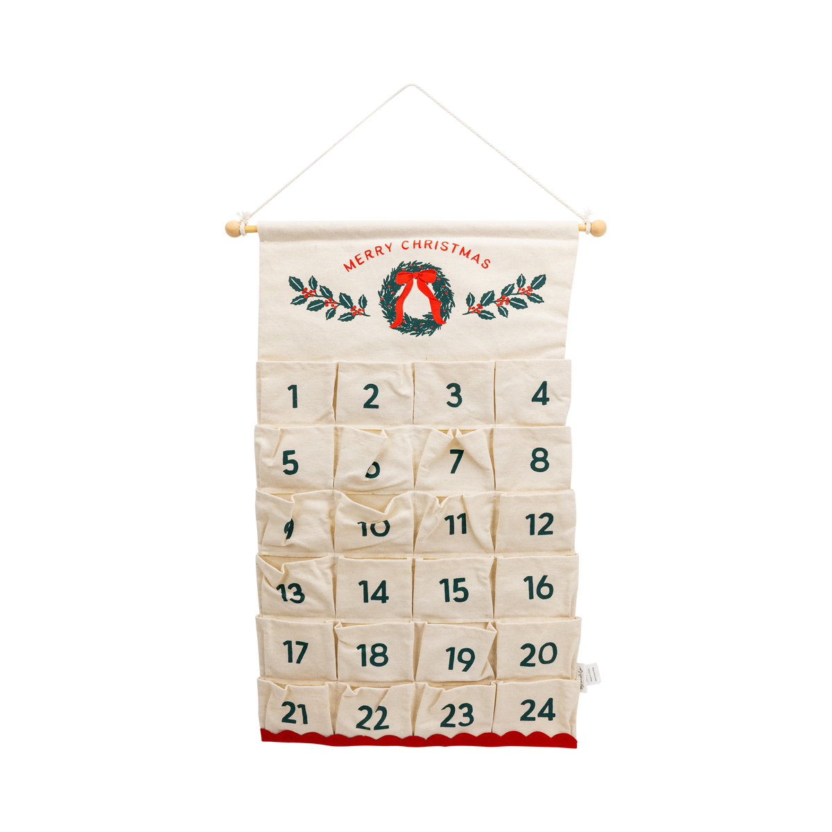Cream canvas Christmas advent calendar banner with 24 numbered pockets, wreath design, and red scalloped hem