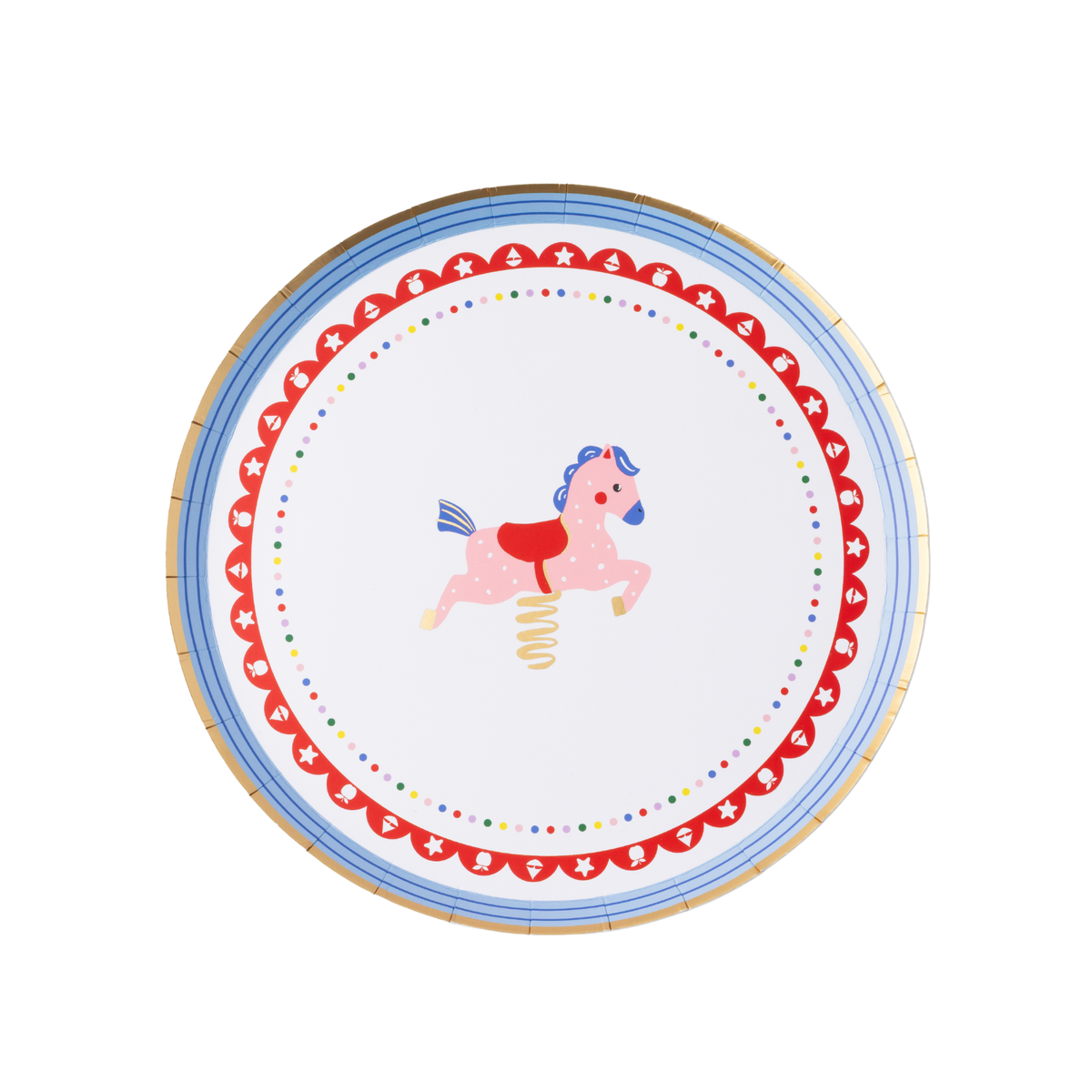 Single Petite Playground carousel horse paper cake plate on white background showing pink spring carousel horse with blue mane and red saddle, gold foil spring, red scalloped border with white toy iconography, multicolor confetti dot ring, blue concentric stripe border, and gold foil rim