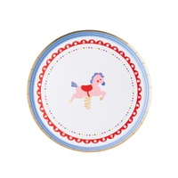 Single Petite Playground carousel horse paper cake plate on white background showing pink spring carousel horse with blue mane and red saddle, gold foil spring, red scalloped border with white toy iconography, multicolor confetti dot ring, blue concentric stripe border, and gold foil rim
